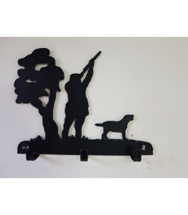 Porte-clés mural en acier représentant un chasseur et son chien