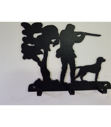 Porte-clés mural en acier représentant un chasseur et son chien en action