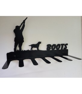Porte-bottes mural en acier décoré d'une silhouette de chasseur et ses deux chiens - 3 paires