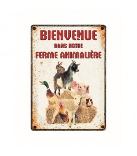 Plaque vintage en métal "Bienvenue dans notre ferme animalière"