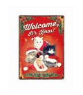 Plaque vintage en métal "Welcome it's Christmas" (chats)