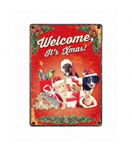 Plaque vintage en métal "Welcome it's Christmas" (tous les animaux)