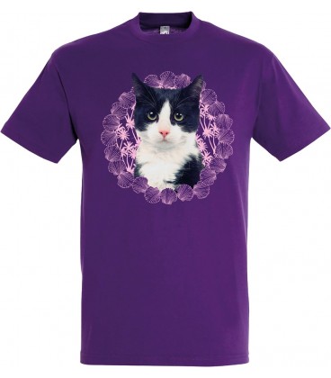 T-SHIRT VIOLET CHAT NOIR ET BLANC- Taille L